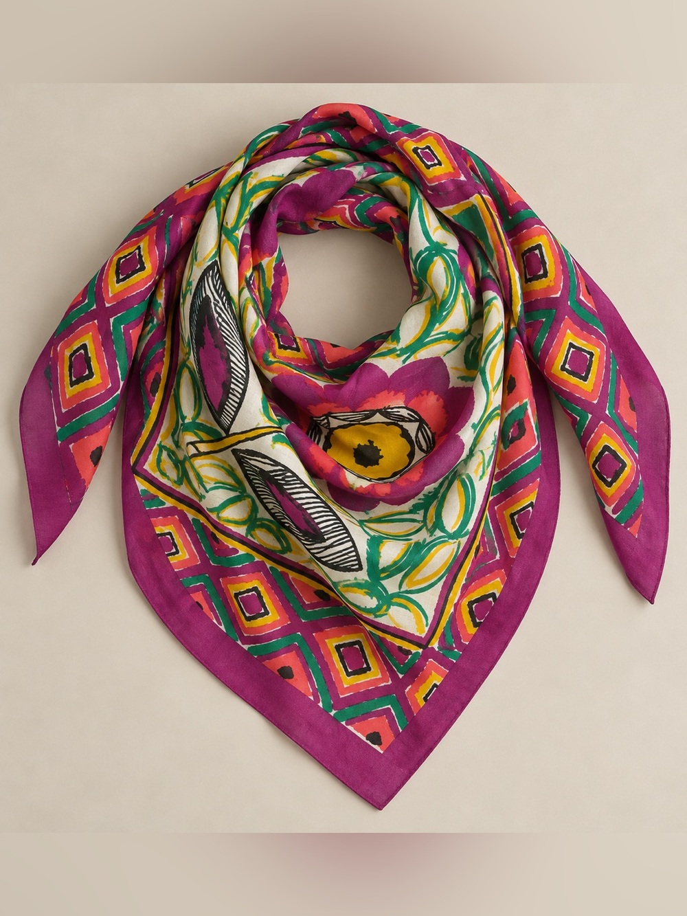 Whimsical Eclectic Floral Print Satin Fuchsia Lime Square Scarf Playful Preppy